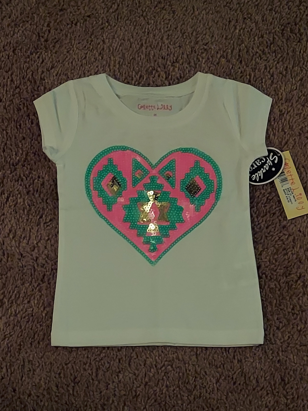 Girls' White Tee with Pink & Teal Heart Sequin Graphic